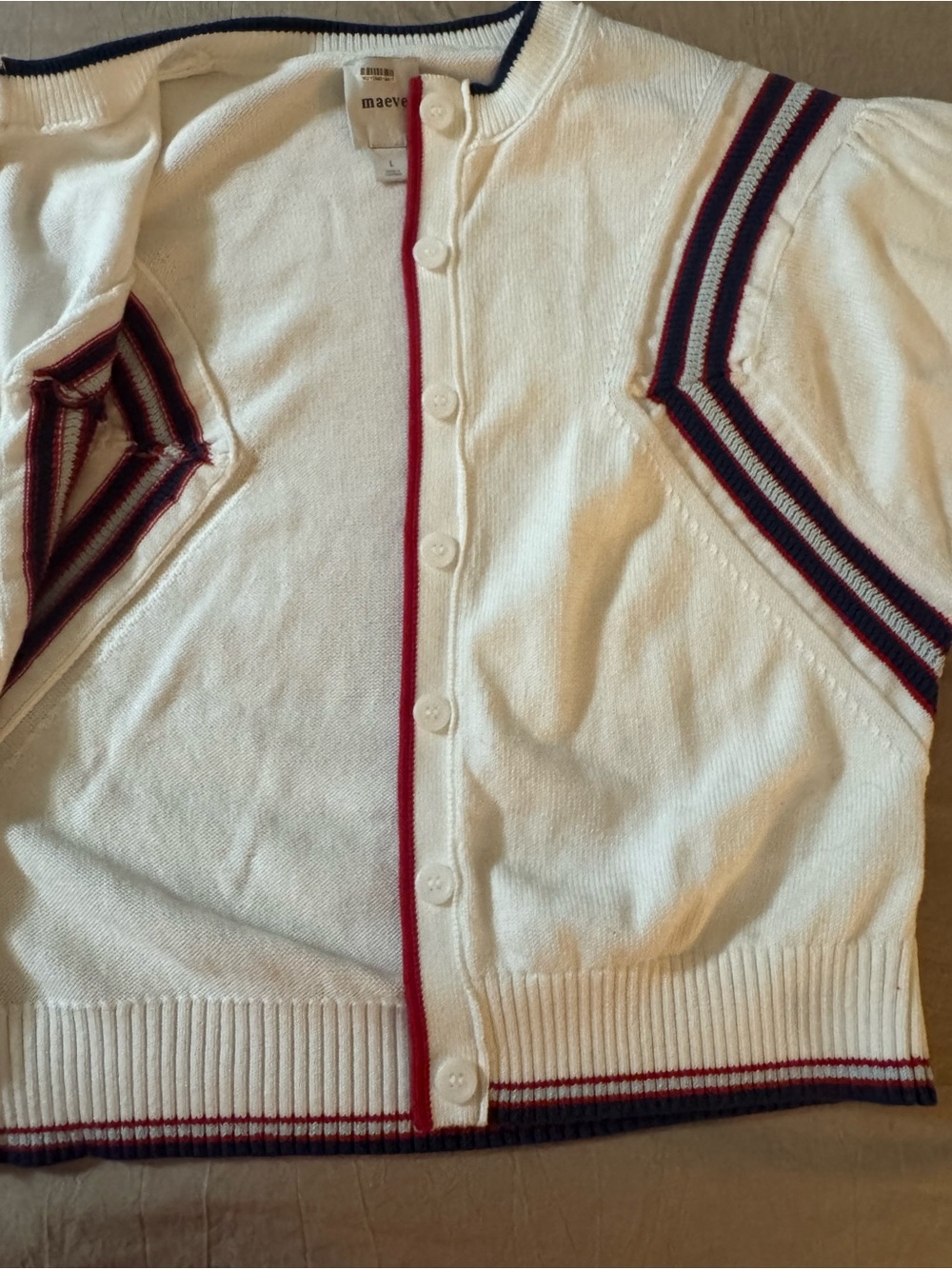 Maeve White Cropped Cardigan with Navy and Red Trim Size Large - Picture 15 of 16